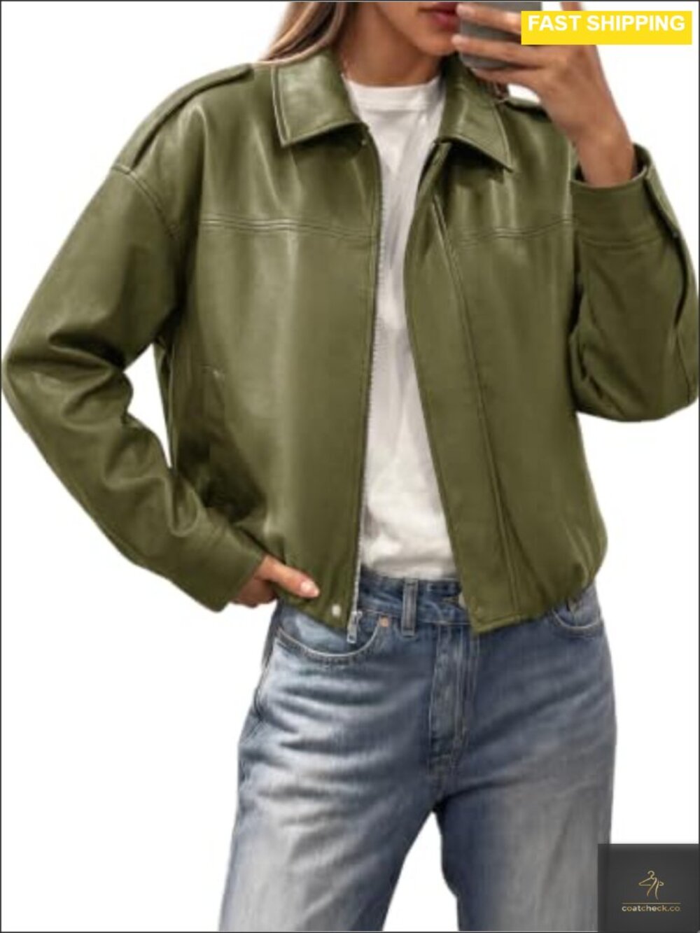 Womens Cropped Faux Leather Jacket Oversized Bomber Zip Up Coat